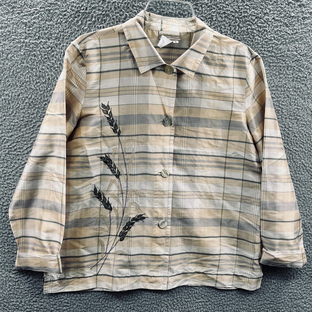 Womens Silk Blouse M Plaid Floral Embellished Cottagecore Minimalist Neutral